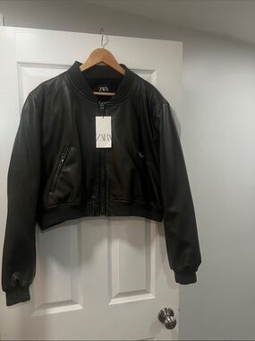 Zara Brown/BronzeOil Slicked Cropped Faux-Leather Bomber Jacket with Ribbed Trim
